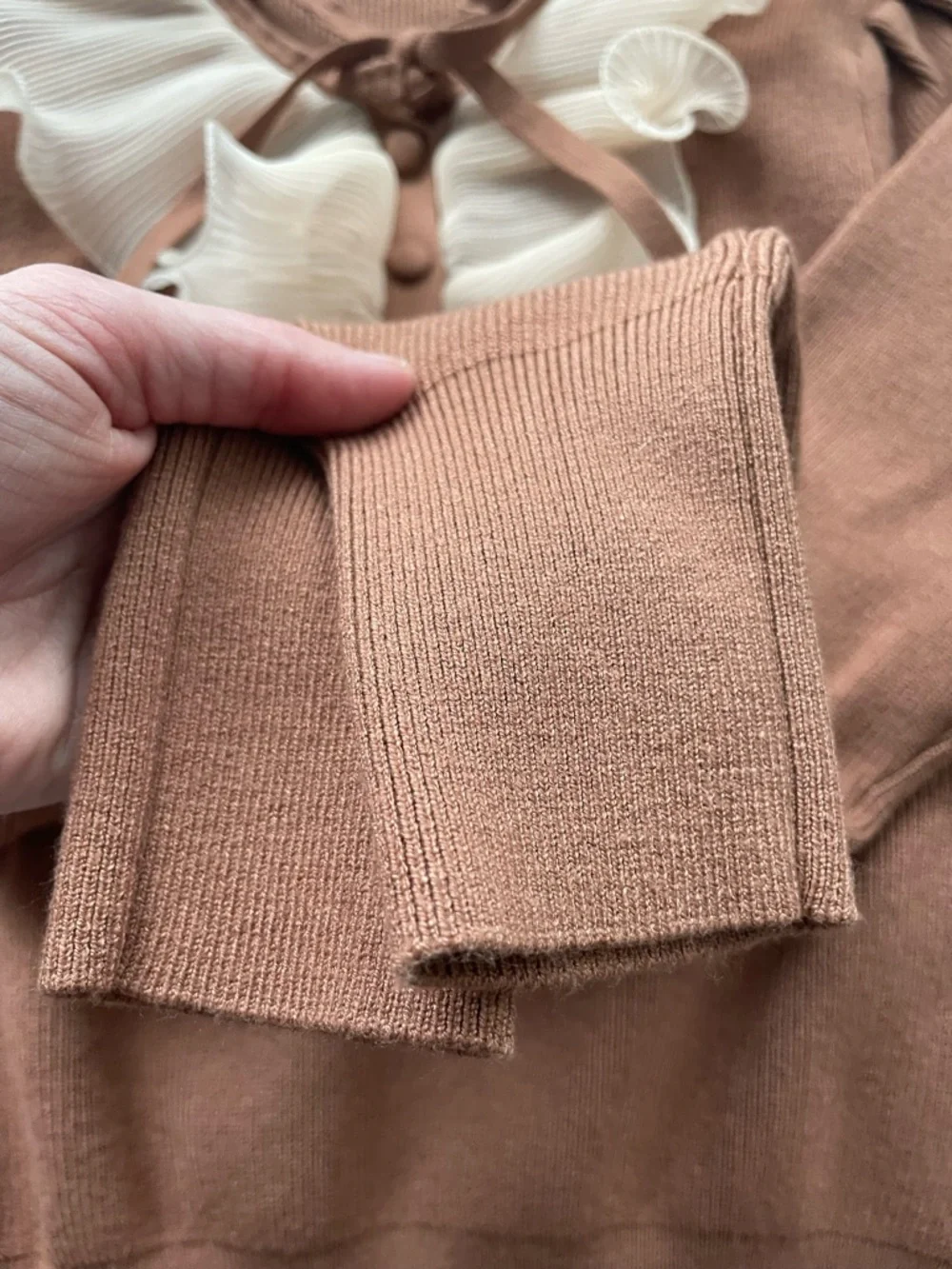 DONATED - DON’T BUY Zara ruffle knit, cognac with beige ruffle, very stretchy, M - Picture 9 of 13